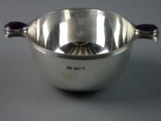 A HALLMARKED SILVER QUAICH, the handle set with cabochon oval moss agates, Sheffield 1921 with 'H A'