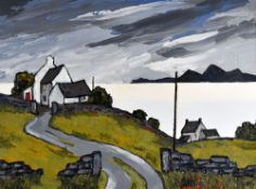 DAVID BARNES oil on board - coastal scene with cottage and mountain range beyond (possibly The