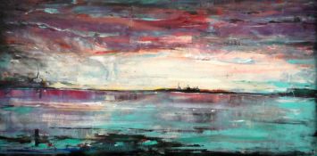 TIM FARRINGDON acrylic on canvas - expansive minimalist view of Cardiff Bay, signed with initials,