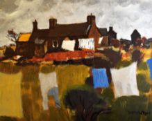 DONALD McINTYRE early oil / acrylic on board - Caernarfonshire hillside cottage on washing day,