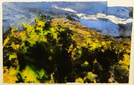 DAVID TRESS mixed media and paper construction - Pembrokeshire coastal scene with blue sky, signed