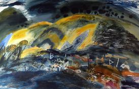 MARY LLOYD JONES watercolour - expansive and colourful Rheidol Valley landscape, West Wales,