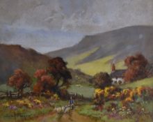 JOSH FISHER watercolour - landscape with shepherd and flock with cottage beyond, signed, 22 x 27cms