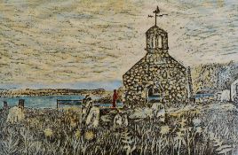 STAN JONES limited edition (7/15) linocut print - figure and coastal church, entitled 'Cwm yr Eglwys