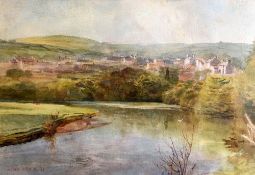 ARTHUR MILES watercolour - the river Teifi with Newcastle Emlyn beyond, signed and dated '82, 26 x