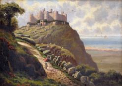 GEORGE EDWARD LOWE oil on board - Harlech Castle with distant yachts and figure on a path, signed,