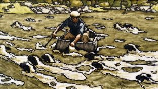 ALAN WILLIAMS acrylic wash on board - single coracle rower with sheep, entitled verso 'Sheep Dipping