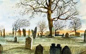 RAY EVANS watercolour - landscape with headstones, entitled verso 'Churchyard, North Baddesley,