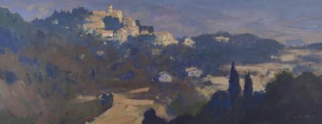 GARETH THOMAS acrylic - French landscape with village, entitled verso 'Above Vinsobre, Provence',
