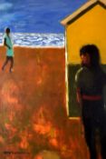 DONALD MCINTYRE acrylic - beach scene with two standing figures, entitled verso 'Two Figures and a