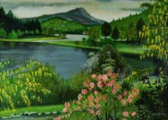 ATTRIBUTED TO FRED UHLMAN oil on board - Welsh lake scene with pink blossom,