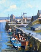 IVAN TAYLOR oil on board - boats moored at quayside, entitled verso 'Port Amlwch, North Wales',