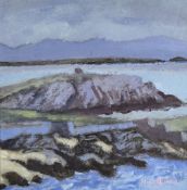 HUW JONES acrylic on board - Welsh coastal scene, untitled, signed in full, 23 x 23cms