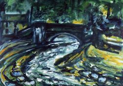 ROYSTON HOPSON watercolour - fast-flowing river with bridge and house, signed and dated '93, 66 x