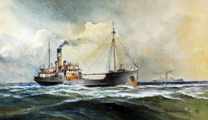 BRIAN ENTWISTLE watercolour - portrait of a steam-ship at sea, entitled on mount 'The Doris Thomas