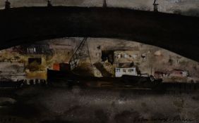 JOHN KNAPP FISHER watercolour - Thames river with boat and vessel entitled verso, 'Wandsworth Bridge