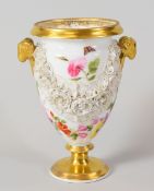 SWANSEA PORCELAIN URN SHAPED VASE having twin ram's head handles, a thick everted rim and the body