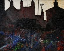 STEPHEN JOHN OWEN oil on board - dark terraced houses, entitled verso 'Waliau Graffiti