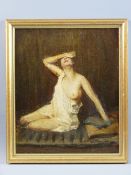 ENGLISH SCHOOL oil on board - kneeling semi-nude lady shielding her eyes, indistinctly signed, 31.