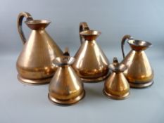 A SET OF FIVE ANTIQUE COPPER HAYSTACK MEASURES with HR proof seals, gallon, half gallon, quart,