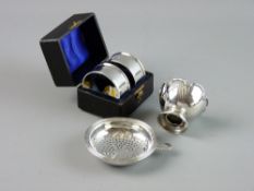 A GROUP OF SMALL SILVER to include a cased pair of napkin rings, Chester 1906 (monogrammed), an