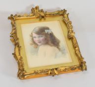 M ROSS watercolour - portrait of a young girl with blue ribbon in her hair, signed, 20 x 14cms