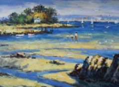 R BELLINGI oil on canvas - beach scene with three children, signed, 29 x 39cms