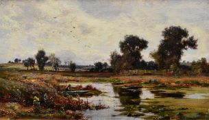 J ELLIOT oil on board - marshland with figure in rowing boat, signed and dated (18)96, 29 x 49cms