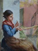 FRANK WILLIAM WARWICK TOPHAM oil on board - lady kneeling in neckerchief while repairing needlework,