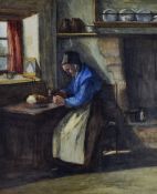 WELSH SCHOOL watercolour - interior with seated lady in Welsh costume, at a table with bread and pot