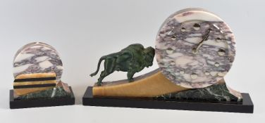 A MARBLE ART DECO MANTEL CLOCK & SIDE GARNITURE composed from various specimens of marble and having
