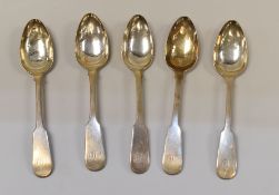 A SET OF FIVE GEORGE IV SCOTTISH SILVER TEA SPOONS, Edinburgh 1824, 2.7ozs