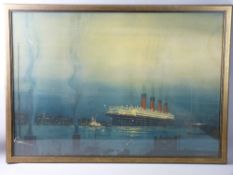 KENNETH D SHOESMITH coloured print - night scene of the Cunard Line 'Mauretania' at Cherbourg, 68
