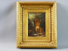 EDWARD ALLEN SCHMIDT oil on panel - turreted keep with cottage alongside and with wooded area