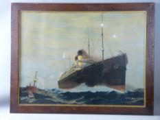 NORMAN WILKINSON coloured print - White Star Line twin funnel 'RMS Celtic' at dusk passing a light