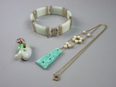 A 925 SILVER & LIGHT GREEN JADE BRACELET of six oblong tablets, 34.5 grms, a jade monkey pendant
