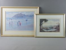 STEVEN JONES coloured limited edition (35/850) print - Criccieth Beach with figures, signed, 28.5