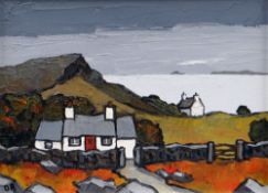 DAVID BARNES oil on board - North Wales coastal scene with cottages, entitled verso on Albany