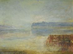 LEONARD BEARD oil on card - entitled 'Towards Penarth from Cardiff' with Penarth headland and a
