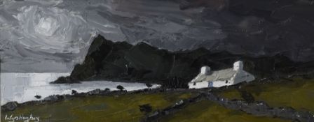 WYN HUGHES oil on board - coastal white washed cottage with the Rivals, signed, entitled verso 'Yr