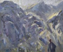 GARETH PARRY oil on canvas - figure of a farmer in a mountainous landscape, entitled 'Mewn Lle