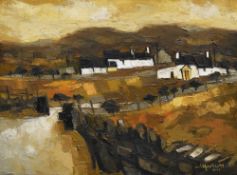 WILF ROBERTS oil on canvas - hillside farmstead, entitled to label verso 'Fferm', signed and dated