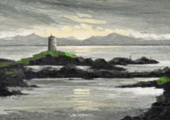 WILF ROBERTS oil on canvas - panoramic view of Caernarfon Bay and The Rivals Mountain Range from the