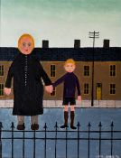 JACK JONES oil on board - two figures in a terraced street, entitled verso 'Mother and Son',