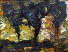 MIKE MONAGHAN oil on board - landscape with trees, signed with initials, 21.5 x 27.5cms
