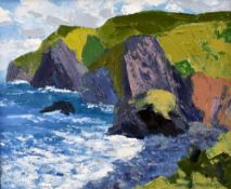 GWILYM PRICHARD oil on canvas - Pembrokeshire coastal cliffs, entitled verso 'Trefin', signed, 43