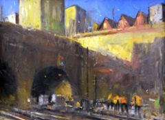 GARETH PARRY oil on board - urban scene with railway workers beneath railway bridge, entitled