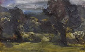 DAVID LLOYD GRIFFITH oil on board - landscape with trees, signed with initials, 12 x 19cms