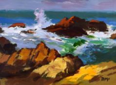 DONALD McINTYRE acrylic - rocky coast with crashing waves, entitled verso 'Sunlit Rocks & Sea',