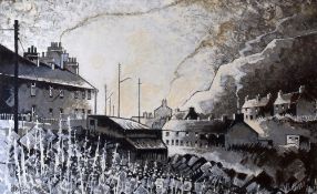 HOWELL DAVIES acrylic on board - Snowdonia town scene in winter, entitled verso 'Blaenau